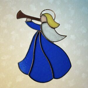 VTG Stained Glass Sun Catcher Angel w/Horn Ornament Handcrafted Christmas 9.5”